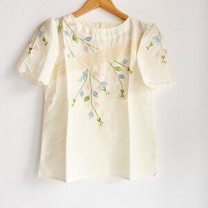 Vintage Floral Boho Embroidered Short  Sleeve Cotton Top S/M
